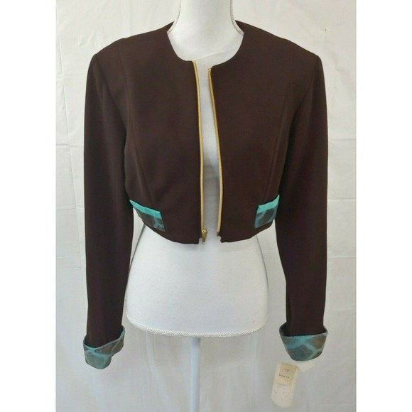 Vtg Linda Segal Jacket 12 Brown Blue Cropped Full Zip Shoulder Pads Large - Picture 1 of 10